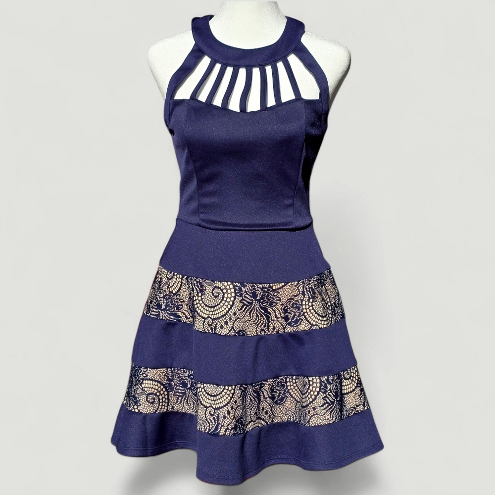 🟢Trixxi Navy Blue Beige High Neck Strappy Cutout Lace Zip Up Skater Dress 3
